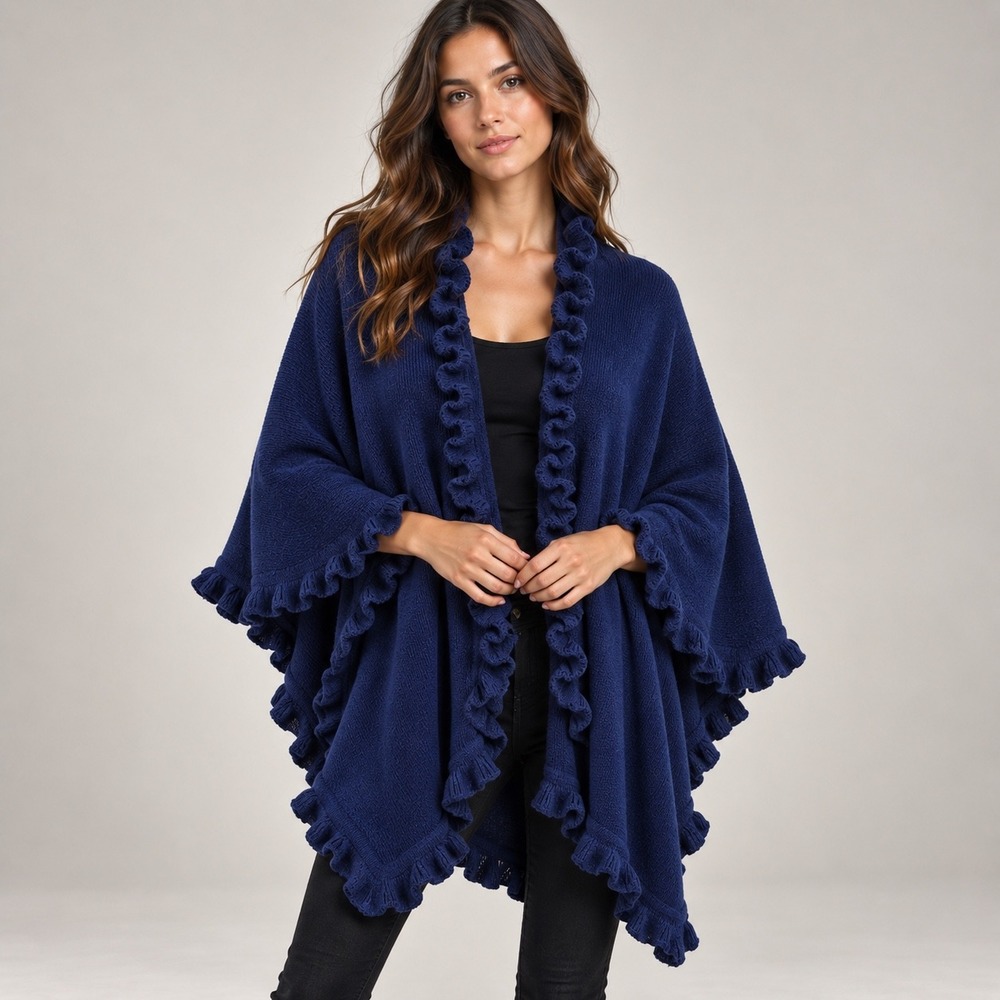 Navy Blue Peruvian Alpaca Blend Knit Ruana Ruffle Trim Boho Wrap Cottagecore Lux